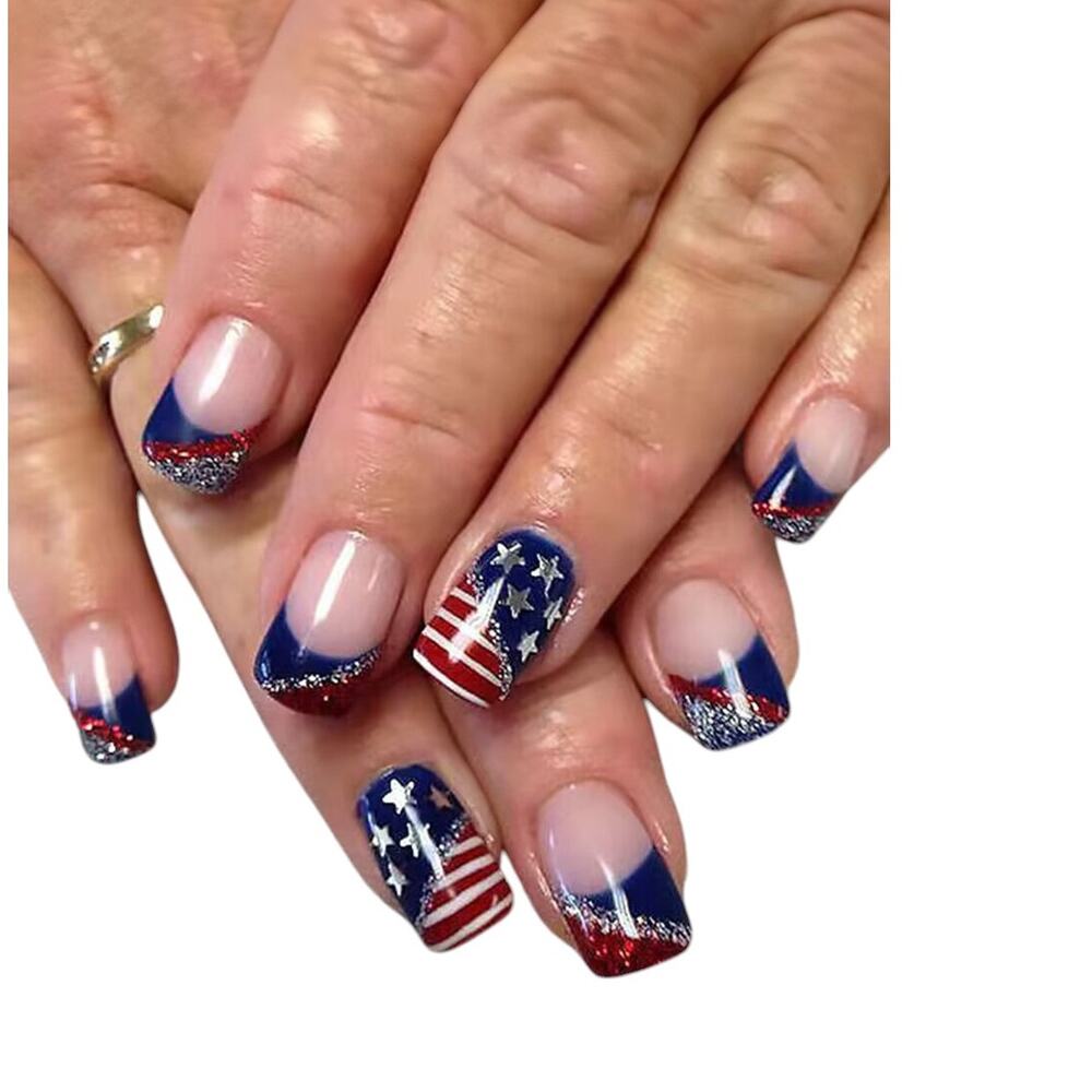 Red, White,  Blue American Flag Shiny Square False Nails